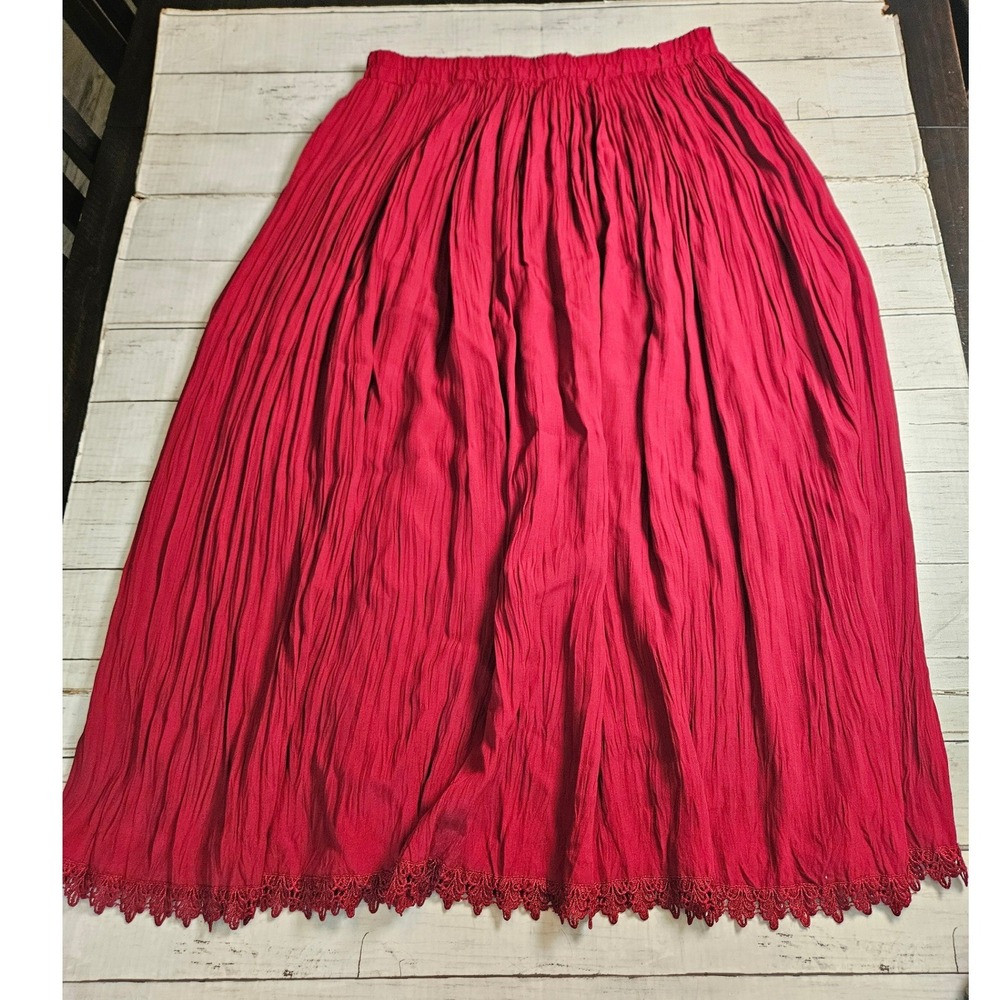 Stonebridge Broomstick Maxi Skirt XL Red Crinkle Crochet Lace Fall Boho Goth - Picture 6 of 8